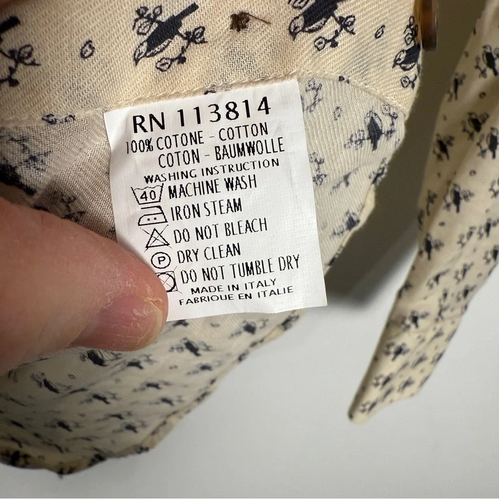 Billy Reid Italian Made Cotton Button Down Shirt XS | Cream Bird Print | NWOT - Picture 7 of 7